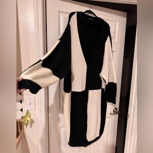 Black and White Checkered Long Women's Sweater Cardigan